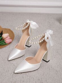 Fall/Winter 2025 Women White Faux Pearl Decor Pumps, Glamorous Point Toe Chunky Heel Satin Ankle Strap Pumps Valentines, Elegant,Elegant,Party Outfits - White - View 3