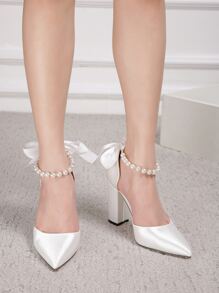 Fall/Winter 2025 Women White Faux Pearl Decor Pumps, Glamorous Point Toe Chunky Heel Satin Ankle Strap Pumps Valentines, Elegant,Elegant,Party Outfits - White - View 4