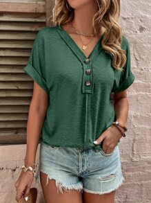 SHEIN LUNE 紐扣半開襟蝙蝠袖T恤 - 墨綠色 - 查看 1
