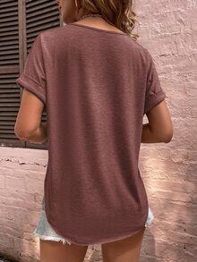 SHEIN LUNE Áo thun nữ Nút màu trơn Giải trí - Bụi hồng - Xem 2