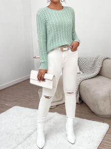 Chiquease Suéter de punto de cable sólido, jersey de punto para otoño e invierno - verde menta - Ver 3