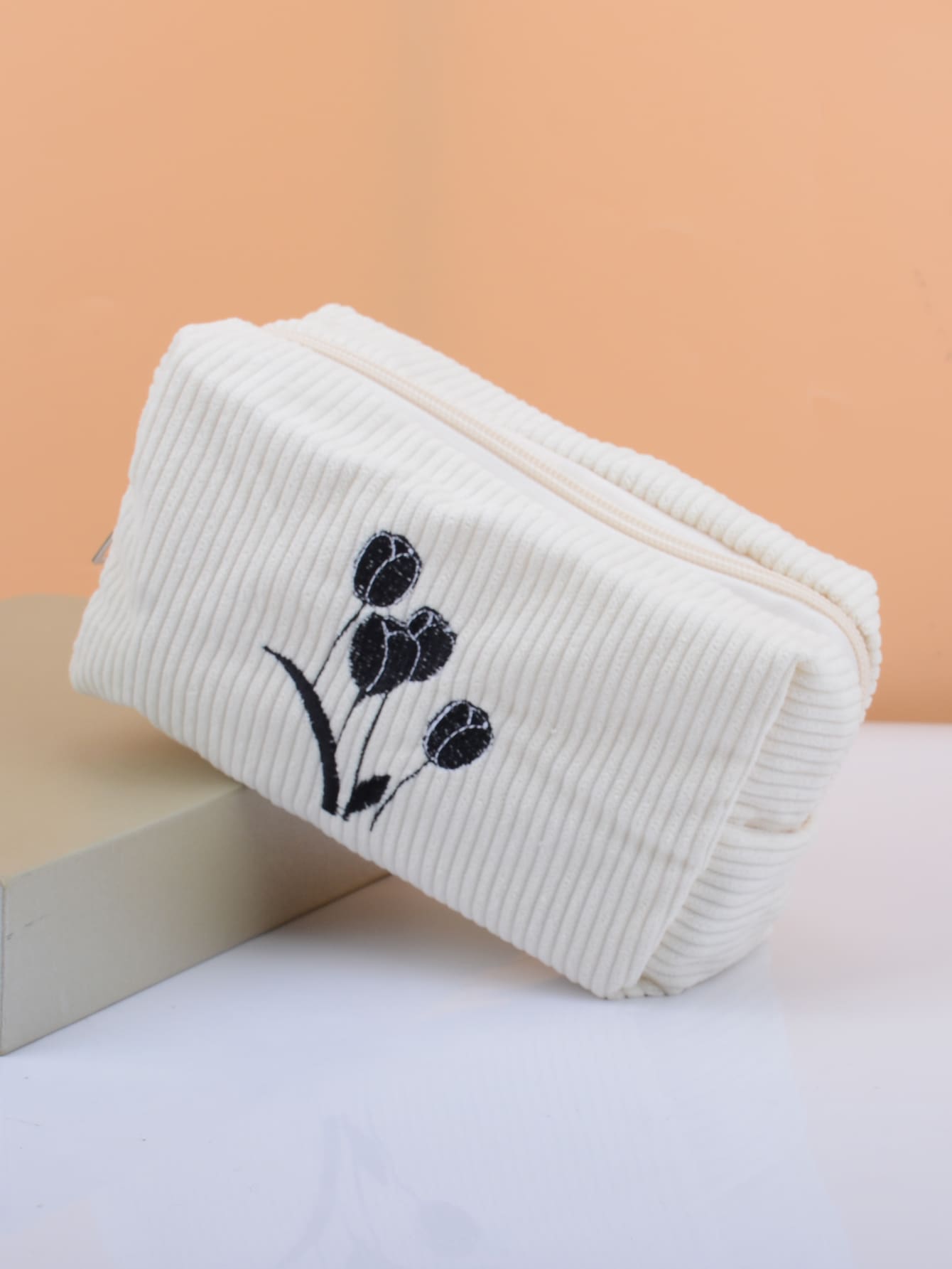 Organize Your Cosmetics & Stationery In Style With This Large-Capacity Corduroy Pencil Case! - Black and White - View 1