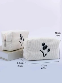 Organize Your Cosmetics & Stationery In Style With This Large-Capacity Corduroy Pencil Case! - Black and White - View 4