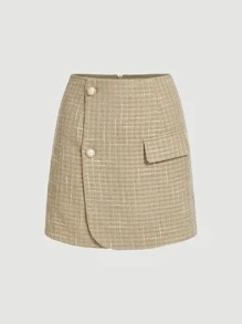 SHEIN MOD Flap Detail Tweed Skirt - Khaki - View 1
