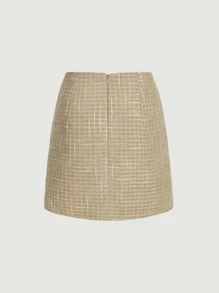 SHEIN MOD Flap Detail Tweed Skirt - Khaki - View 2