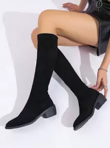 Minimalist Slip-On Suedette Sock Boots,Lady's Simple and Streamlined Black Suede Elastic Chunky Low-Heel and Short-Heel Knee-Length Boots - Black - View 1
