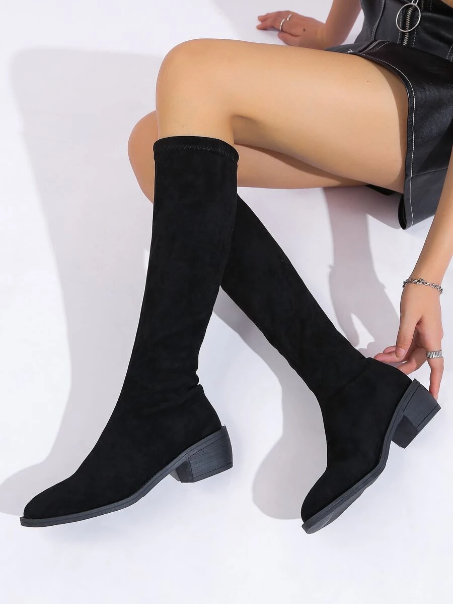 Minimalist Slip-On Suedette Sock Boots,Lady's Simple and Streamlined Black Suede Elastic Chunky Low-Heel and Short-Heel Knee-Length Boots - Black - View 1