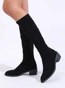 Minimalist Slip-On Suedette Sock Boots,Lady's Simple and Streamlined Black Suede Elastic Chunky Low-Heel and Short-Heel Knee-Length Boots - Black - View 2
