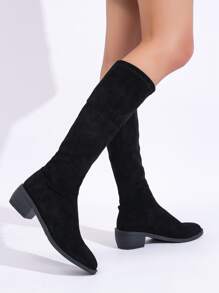 Minimalist Slip-On Suedette Sock Boots,Lady's Simple and Streamlined Black Suede Elastic Chunky Low-Heel and Short-Heel Knee-Length Boots - Black - View 3