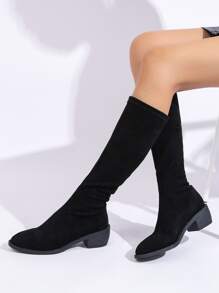Minimalist Slip-On Suedette Sock Boots,Lady's Simple and Streamlined Black Suede Elastic Chunky Low-Heel and Short-Heel Knee-Length Boots - Black - View 4