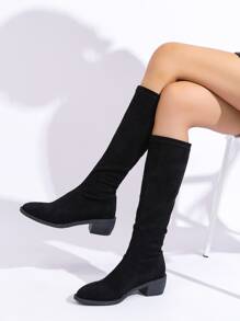 Minimalist Slip-On Suedette Sock Boots,Lady's Simple and Streamlined Black Suede Elastic Chunky Low-Heel and Short-Heel Knee-Length Boots - Black - View 5