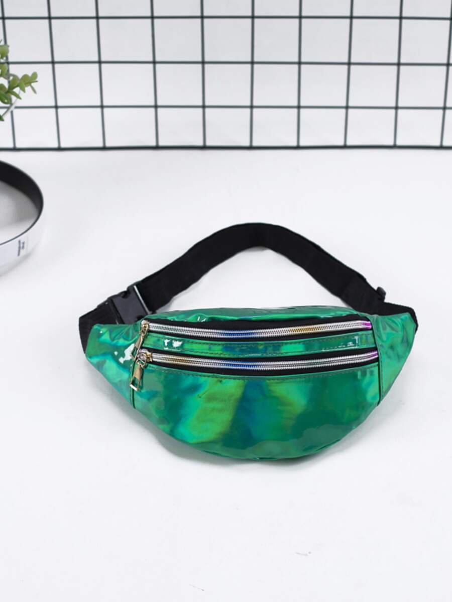 Holographic Zipper Waist Bag - Dark Green - View 1
