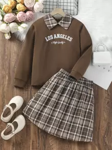 SHEIN 女孩字母圖案拼接領運動衫和格紋半身裙 - 彩色 - 查看 1