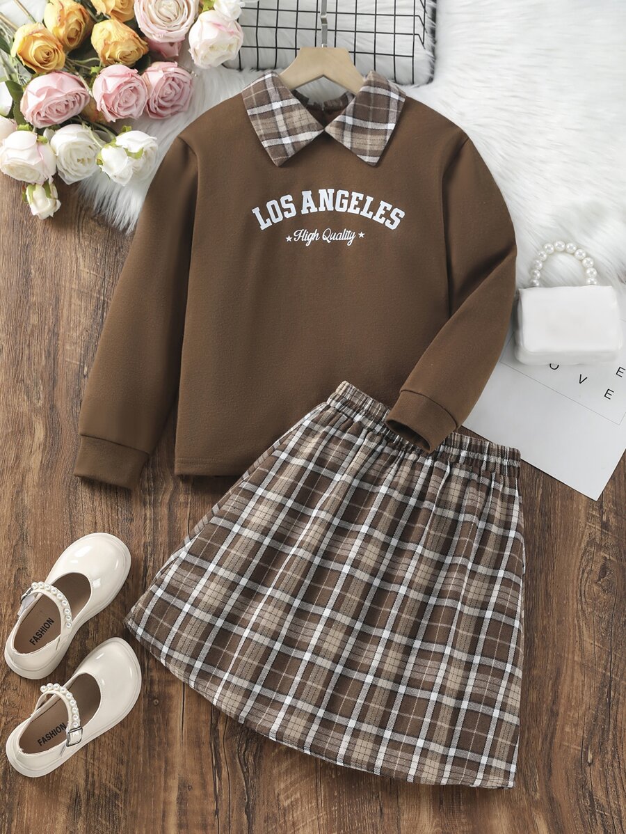 SHEIN 女孩字母圖案拼接領運動衫和格紋半身裙 - 彩色 - 查看 1