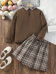 SHEIN 女孩字母圖案拼接領運動衫和格紋半身裙 - 彩色 - 查看 2