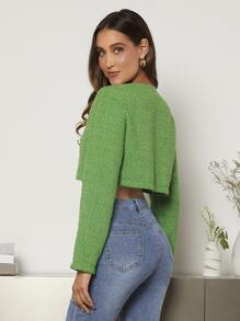 Button Front Crop Tweed Overcoat - Green - View 2