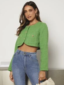 Button Front Crop Tweed Overcoat - Green - View 5