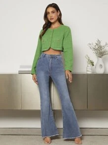 Button Front Crop Tweed Overcoat - Green - View 4