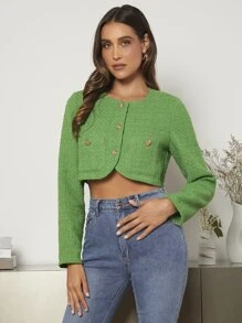 Button Front Crop Tweed Overcoat - Green - View 1