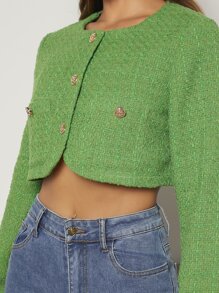 Button Front Crop Tweed Overcoat - Green - View 6