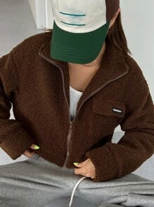 DAZY Letter Patched Detail Drop Shoulder Crop Teddy Jacket Winter - Coffee Brown - View 2