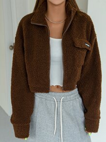 DAZY Letter Patched Detail Drop Shoulder Crop Teddy Jacket Winter - Coffee Brown - View 3