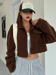 DAZY Letter Patched Detail Drop Shoulder Crop Teddy Jacket Winter - Coffee Brown - View 4