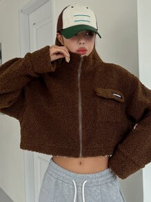 DAZY Letter Patched Detail Drop Shoulder Crop Teddy Jacket Winter - Coffee Brown - View 5