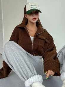 DAZY Letter Patched Detail Drop Shoulder Crop Teddy Jacket Winter - Coffee Brown - View 6