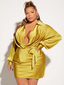 SHEIN SXY Đầm Plus Size Vắt Trọn gói màu trơn Gợi cảm - Màu Mù tạt vàng - Xem 3