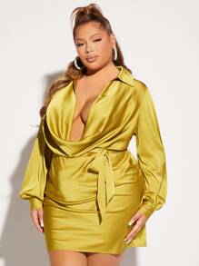 SHEIN SXY Đầm Plus Size Vắt Trọn gói màu trơn Gợi cảm - Màu Mù tạt vàng - Xem 4