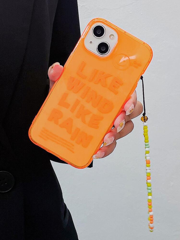 Slogan Graphic Phone Case With Beaded Lanyard