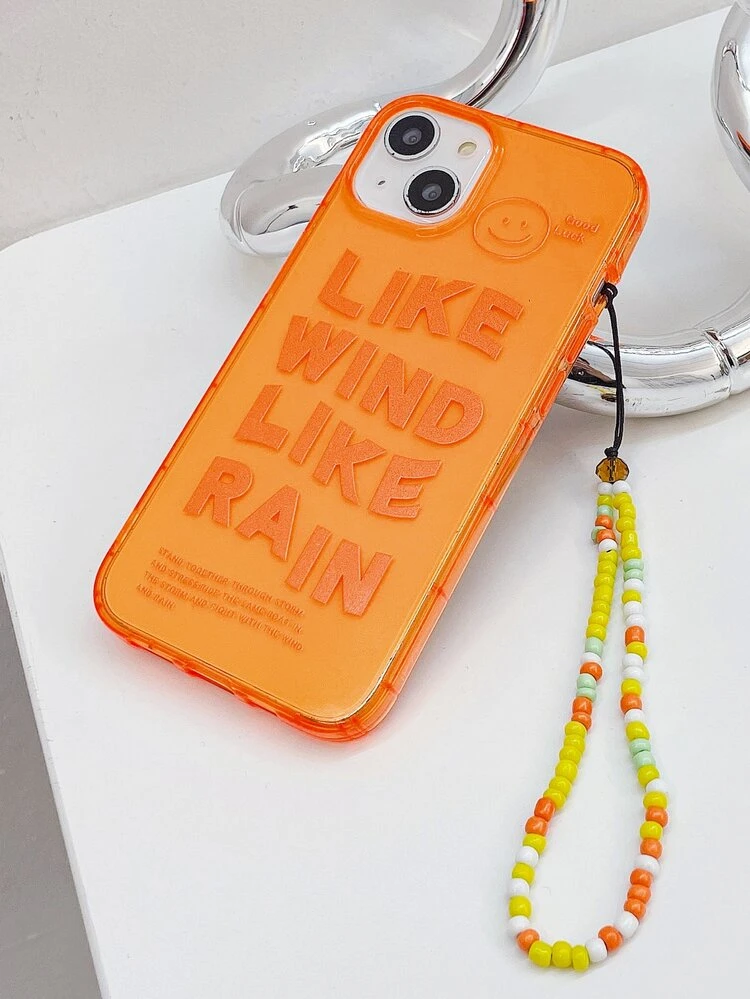 Slogan Graphic Phone Case With Beaded Lanyard