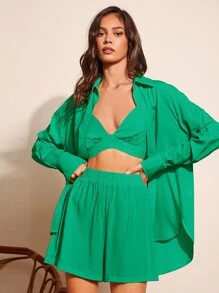 SHEIN Essnce 素色露背吊帶背心和短褲無襯衫 - 綠色 - 查看 1