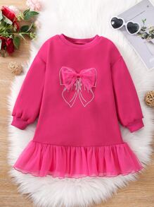 Niñas Vestido sudadera con lazo delantero bajo con fruncido - Rosa Fucsia - Ver 1