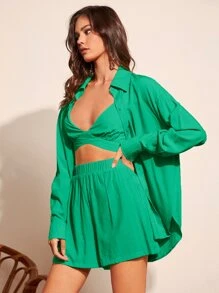 SHEIN Essnce 素色露背吊帶背心和短褲無襯衫 - 綠色 - 查看 4