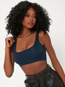 SHEIN BASICS 1 Miếng Scoop Cổ Chất rắn Crop Tank Top - Màu xanh hải quân - Xem 1