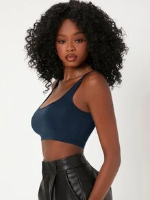 SHEIN BASICS 1 Miếng Scoop Cổ Chất rắn Crop Tank Top - Màu xanh hải quân - Xem 3