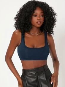 SHEIN BASICS 1 Miếng Scoop Cổ Chất rắn Crop Tank Top - Màu xanh hải quân - Xem 7