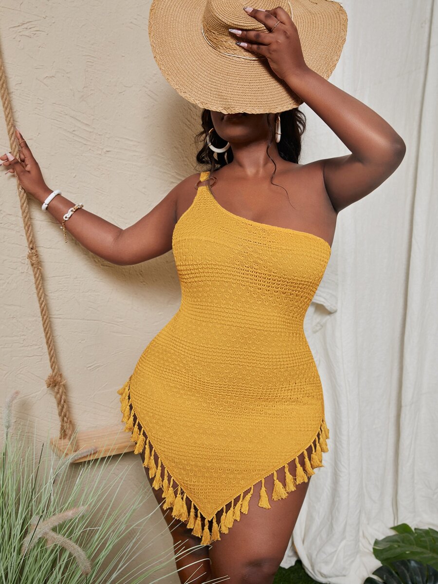 Slaydiva 大碼愛心圖案單肩圓環流蘇下擺洋裝 - 黃色 - 查看 1