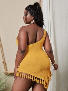 Slaydiva 大碼愛心圖案單肩圓環流蘇下擺洋裝 - 黃色 - 查看 2