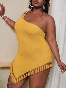 Slaydiva 大碼愛心圖案單肩圓環流蘇下擺洋裝 - 黃色 - 查看 4