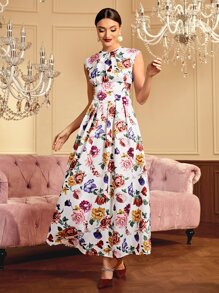 Modelyn Floral Print Fold Pleated Dress - Multicolor - View 1