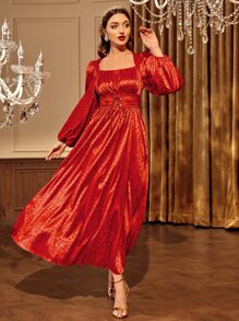 Modelyn Jacquard Square Neck Lace Up Front Dress - Red - View 3