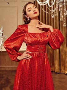 Modelyn Jacquard Square Neck Lace Up Front Dress - Red - View 4