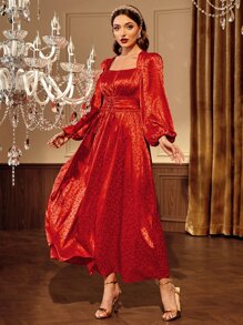 Modelyn Jacquard Square Neck Lace Up Front Dress - Red - View 1