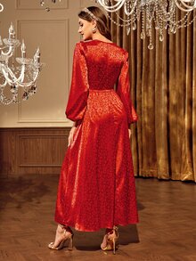 Modelyn Jacquard Square Neck Lace Up Front Dress - Red - View 5