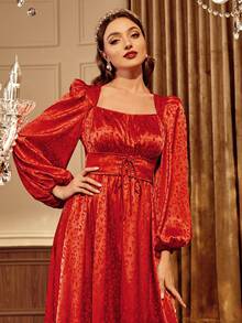 Modelyn Jacquard Square Neck Lace Up Front Dress - Red - View 6