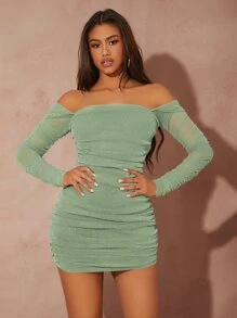 SHEIN SXY 一字領金屬亮絲緊身連衣裙 - 薄荷綠 - 查看 5