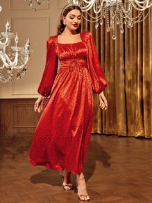 Modelyn Jacquard Square Neck Lace Up Front Dress - Red - View 2